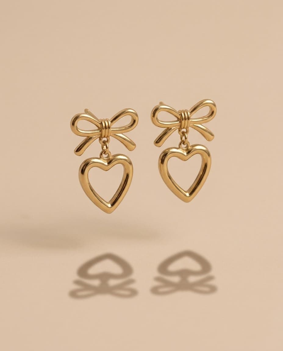 Golden Bow Heart Drop Earrings